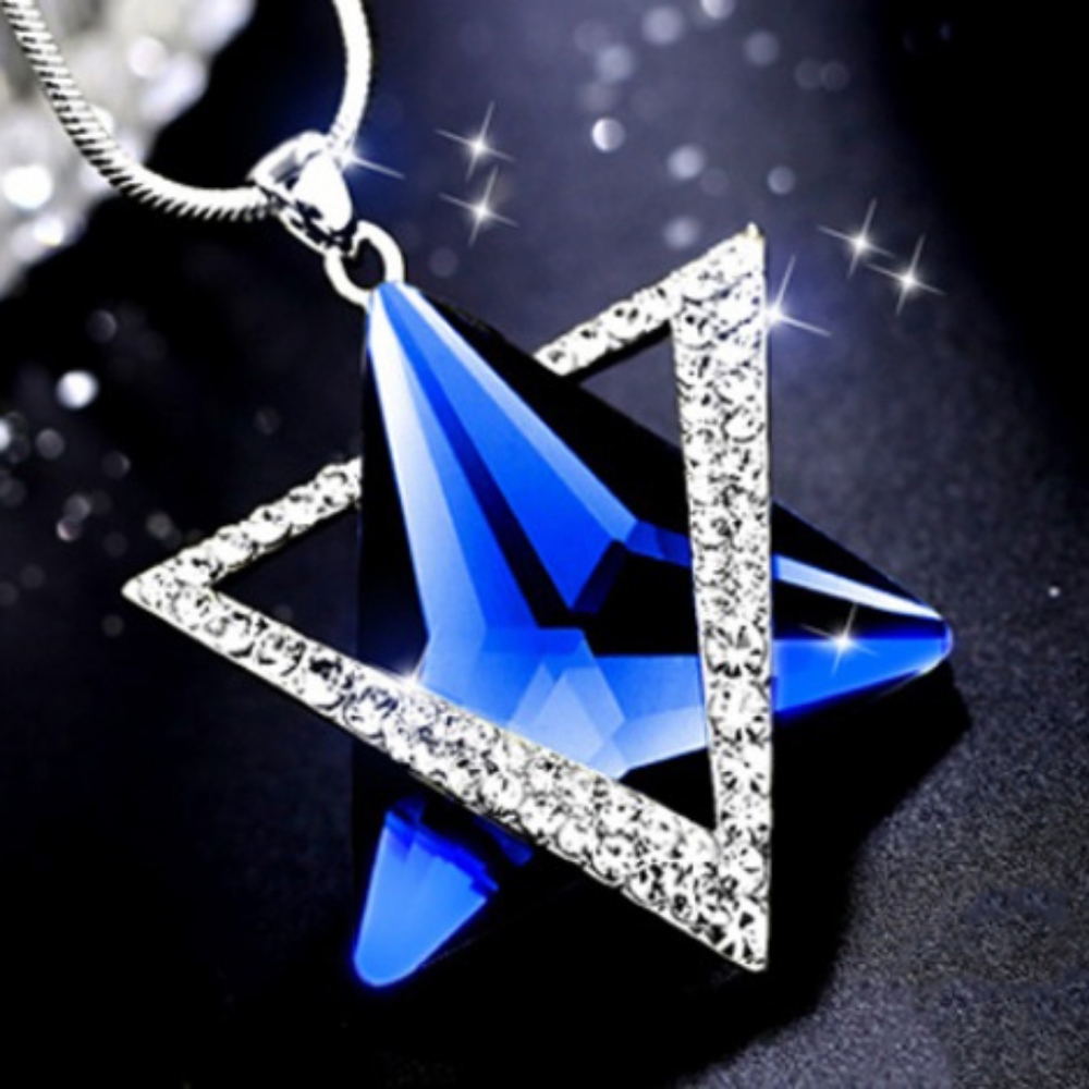 Tri-Lobal Sapphire in triangular rhinestone necklace